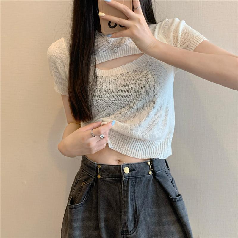Product Introduction of Áo Len Dệt Kim Giả Hai Lớp, Thiết Kế Độc Đáo Sang Trọng Khoét Lỗ Áo Phông Ngắn Tay, Áo Ngắn Cô Gái Nóng Bỏng Mùa Hè, Phong Cách Instagram, Dành Cho Nữ, Bán Chạy Top Women Top Women 18
