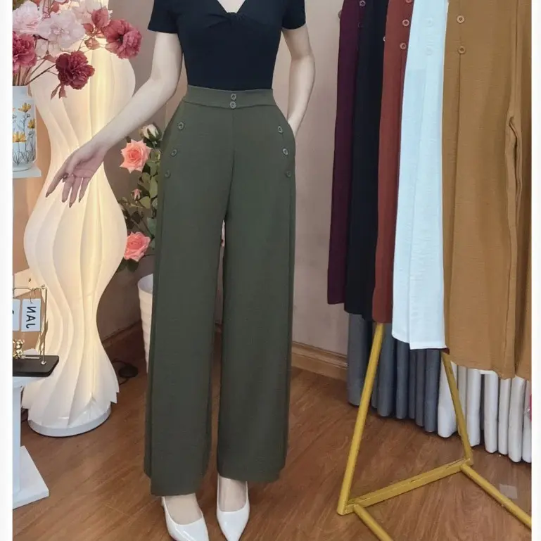Quần ống rộng 6 NÚT culottes lưng thun sau dáng suông chất liệu VẢI ĐŨI cao cấp 6 MÀU phong cách Nữ Pants Women[6N]