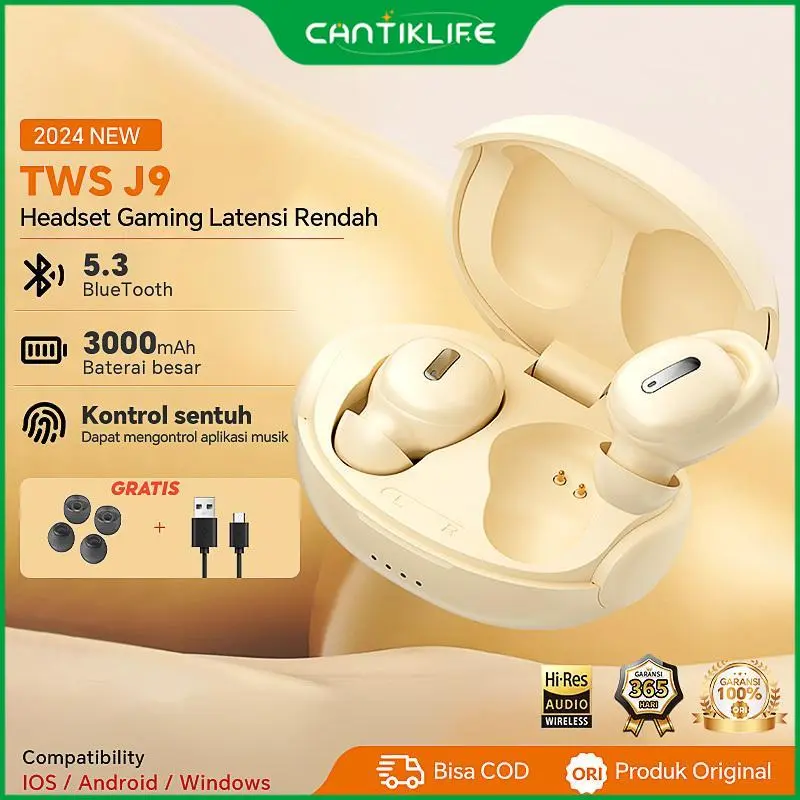 New 2024 J9 Peredam Kebisingan Earbud Bluetooth Benar Nirkabel In-Ear Headphone Bluetooth Nada  Black earphone Garansi Resmi Wireless Smart