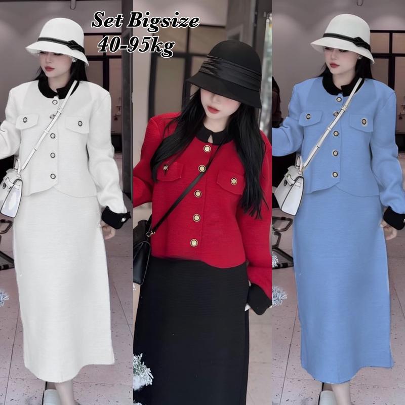 Sét đồ Bigsize Thiết Kế  Tay Dài Tiểu Thư Váy Dáng Midi Vải Nỉ Tăm Cao Cấp Cho Nàng Chuppy, Thời Trang Bigsize Nữ đẹp Sang Chảnh, Set Bộ Đồ Thun Tăm Tay Dài Xinh Đẹp Diện Tết Noel Feesize 40-85kg Ennhocobigsize Quần Đỏ Áo - 2107