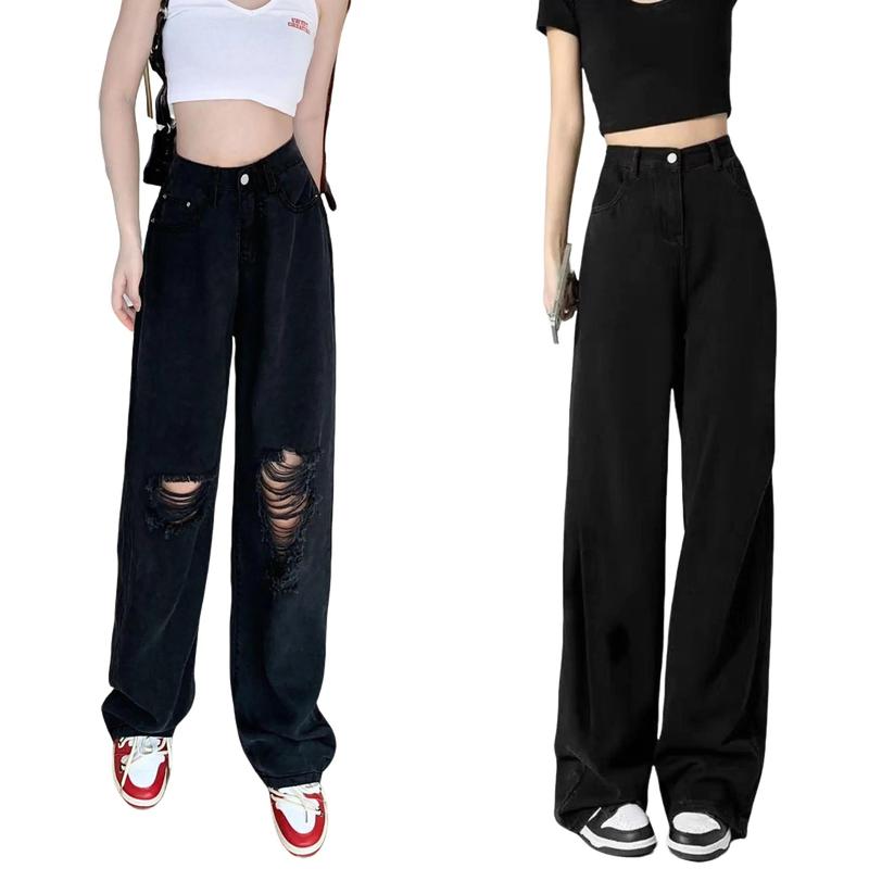 Quần Jean Nữ Quần Suông Ống Rộng đen tuyền rách bụi cạp cao bigsize  4462 Pants Nữ Denim Women Ong - Size 29 quần  jean