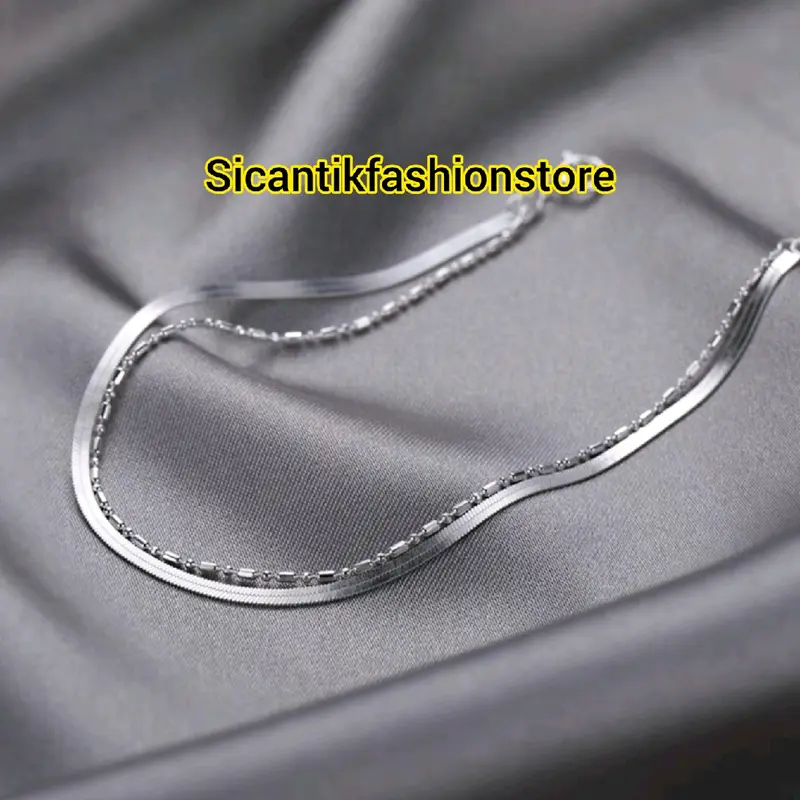 GELANG TITANIUM WANITA SILVER 2 LAYER TRENDING TERBARU ASLI TITANIUM ANTI KARAT SELAMANYA GELANG TITANIUM FASHION STYLE WANITA KOREA GELANG TANGAN GEPENG 2 LAYER Harian Perempuan Sukses Pria Bracelets 1