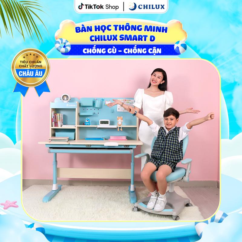 Bàn học cho bé cao cấp Chilux Smart D chống gù, chống cận, nâng hạ chiều cao, thay đổi độ nghiêng, kệ sách lớn