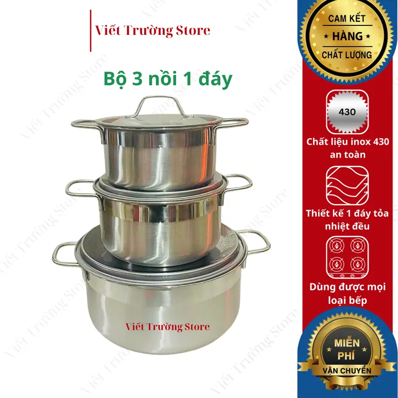 Bộ 3 nồi inox s0ny cao cấp 1 lớp inox 430 sáng bóng dùng được nhiều loại bếp kể cả bếp từ 0