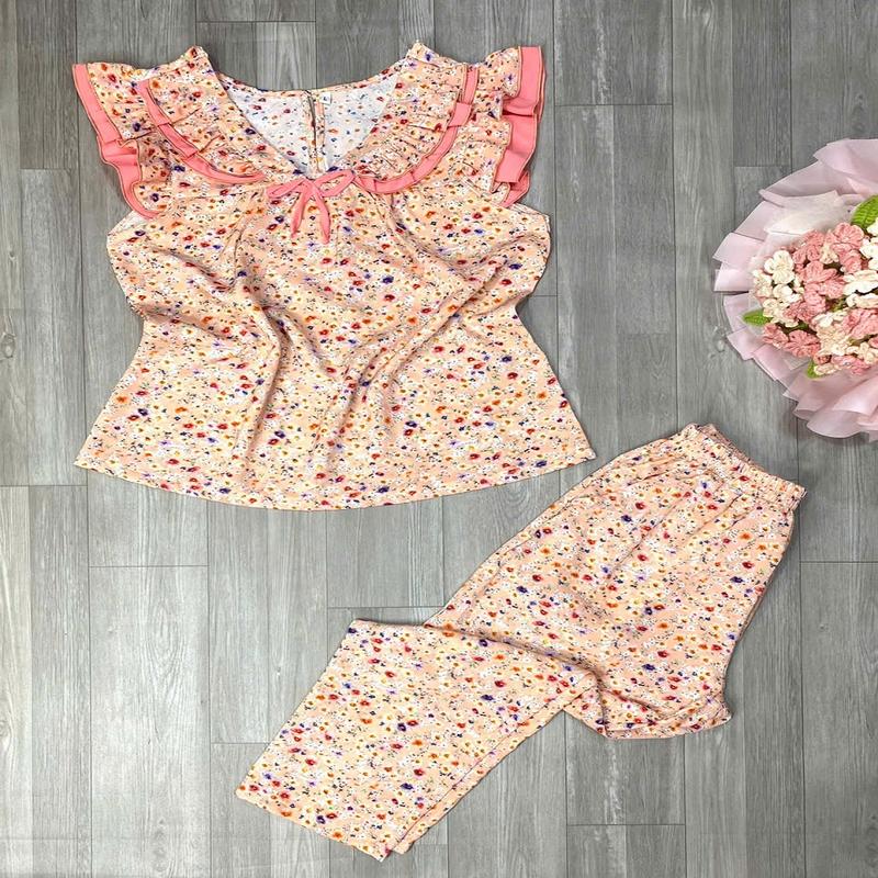 Bộ Lửng Áo Cổ Phối Ren ,Tay Cánh Tiên,Quần 9 Tất Có Túi 2 Bên Chất Vải Lụa Mango Mềm Top Quần Ngủ 7