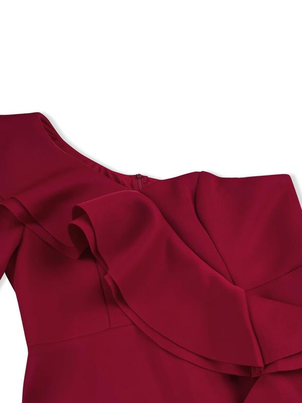 Women's Plain Ruffle Trim One Shoulder Split Thigh Maxi Evening Dress, Elegant Long Sleeve Zipper Mermaid Dress for Party & Banquet, Ladies' Clothes for All Seasons 6