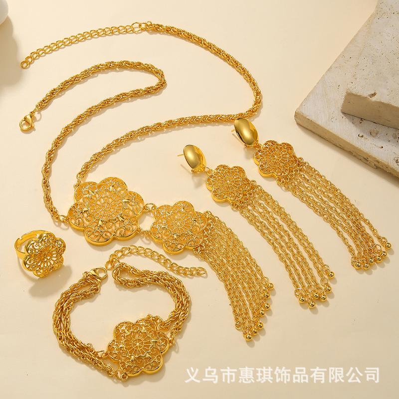Product Introduction of 24k Gold Plated Necklace Bracelet Earrings Ring Jewelry Set for Bride Women's Accessories Four-piece Set 5