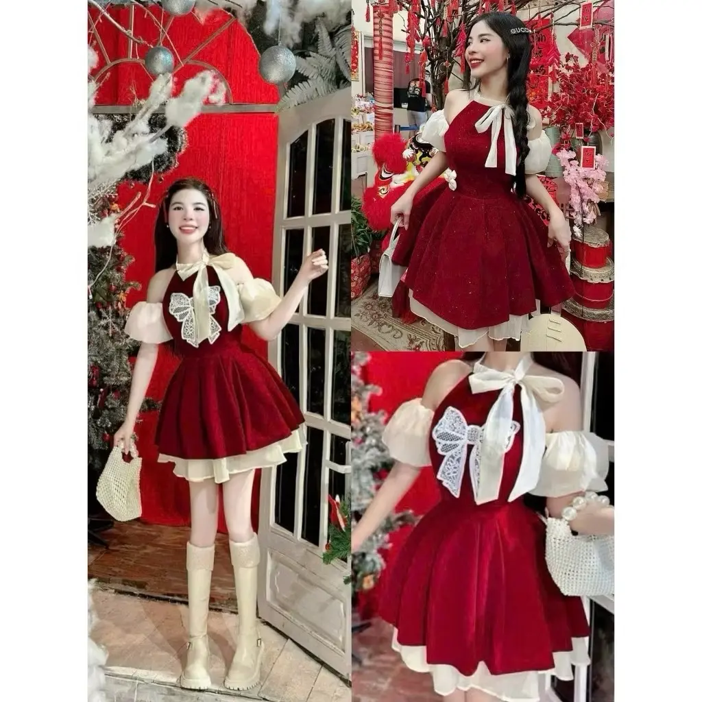 Đầm cổ yếm cột nơ tay bồng dáng xoè, đầm thiết kế dễ thương phù hợp đi chơi