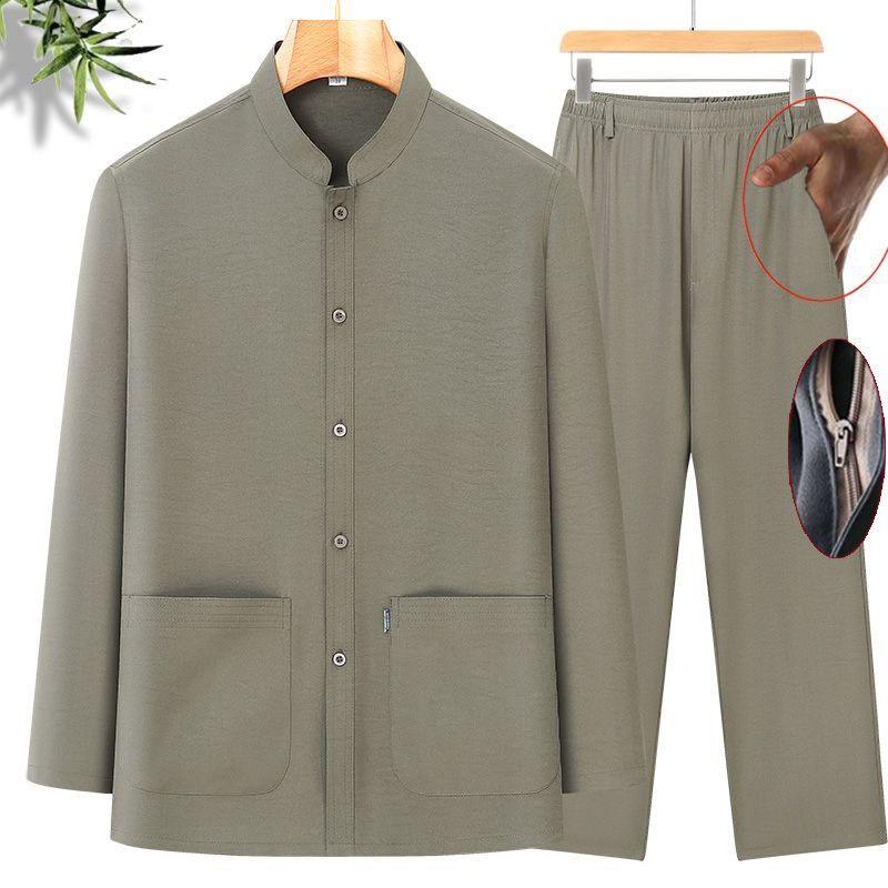 Đồ bộ nam trung niên dài tay hè thu cho bố bộ quần áo cho bố bộ mặc nhà nam trung niên cổ tàu cao cấp quần áo cho người già Menswear Ghi set
