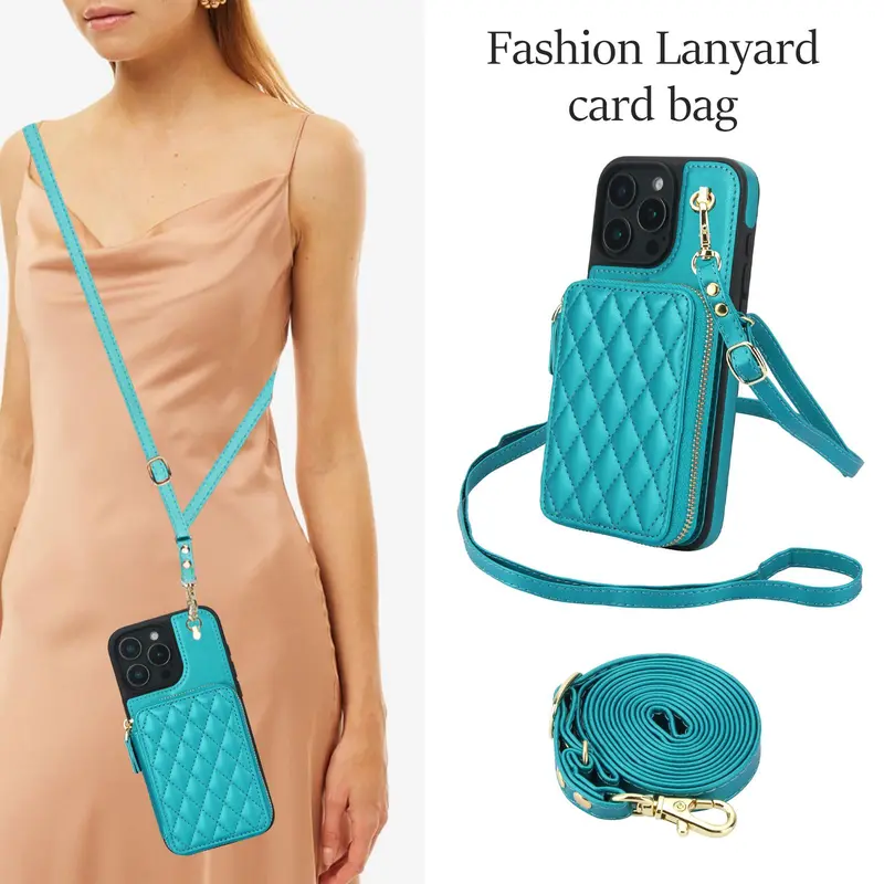 Fashionable Quilted Pattern Zipper Phone Case with Card Slot & Hand Strap, PU Leather Phone Cases for iPhone 16 Pro Max 15 Plus 14 Plus 13 12, Cover 3