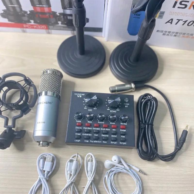 Combo 5 món sound card v8 mic bm900 đầy đủ tai nghe kẹp mic kẹp điện thoại để hát livestream thu âm hát karaoke