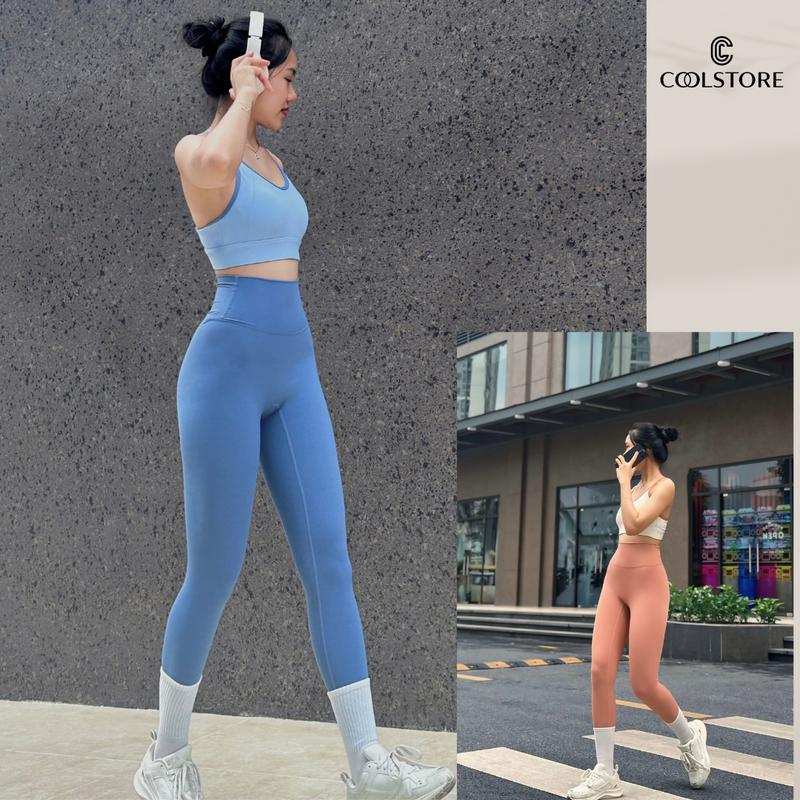 Set bộ đồ tập gym yoga áo đúc su gài lưng, quần cạp cao chống lộ cao cấp Coolstore