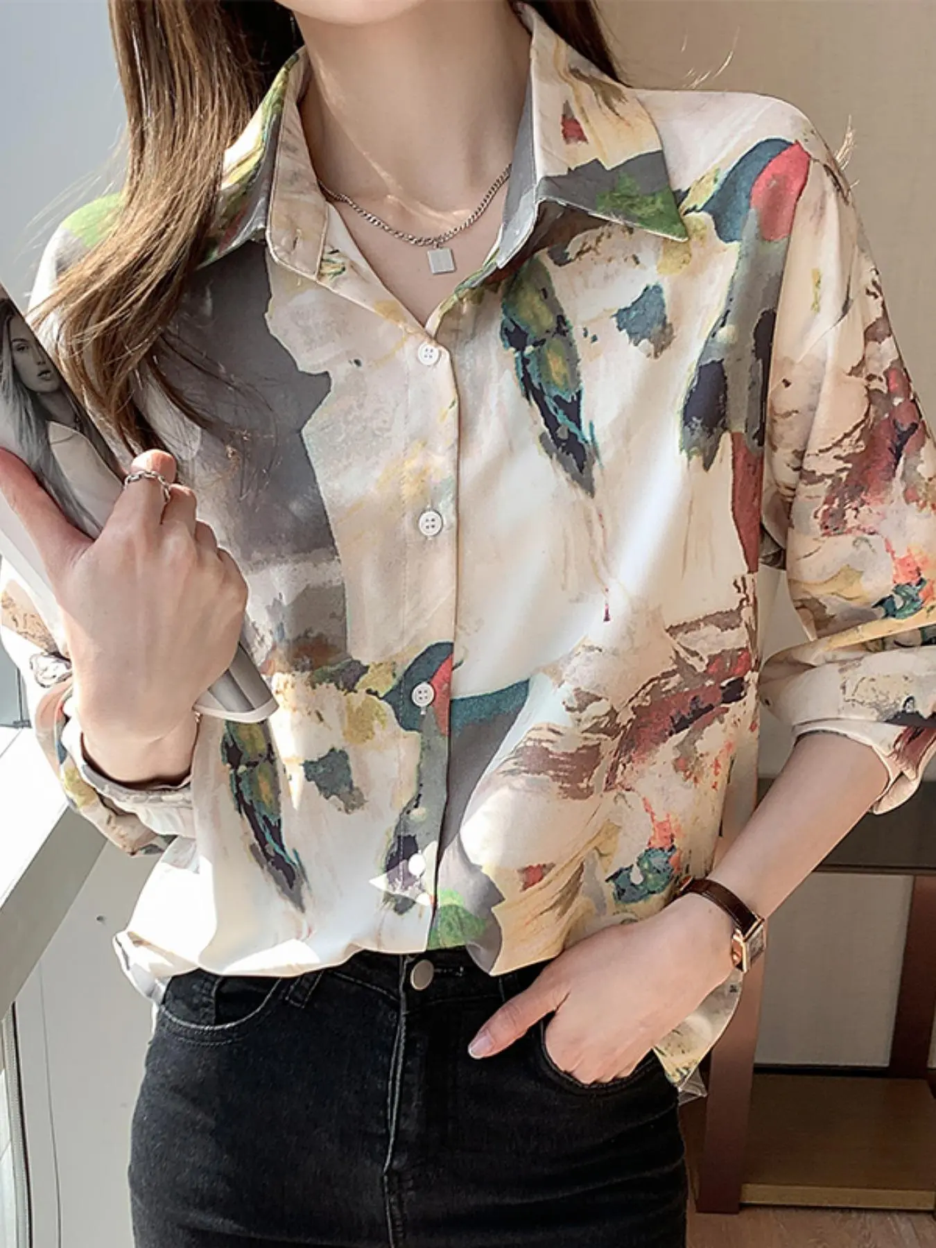 Women's All Over Print Button Front Drop Shoulder Shirt, Casual Long Sleeve Collared Top For Spring & Fall, Women's Clothes For Daily Vacation Outdoor