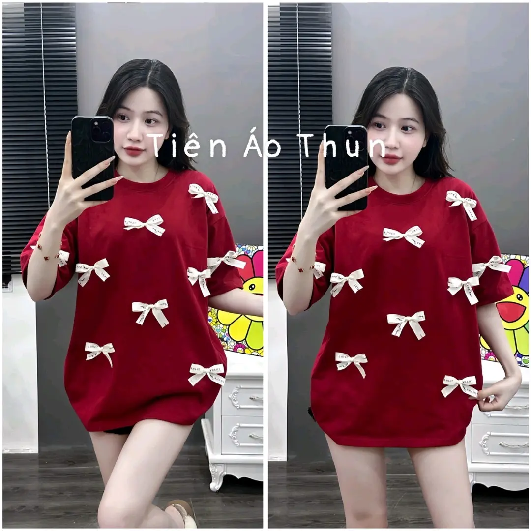 ÁO THUN UNISEX NỮ ĐÍNH NƠ NỔI RUYBANG COTTON FORM RỘNG FREE SIZE 70KG CHỞ LẠI  Women Top Cổ Tròn
