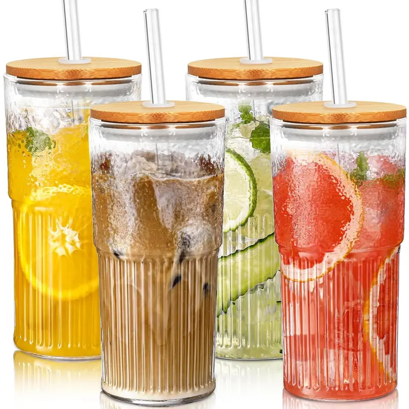 22oz/650ml Glass Cup with Lid & Straw (4 Counts/set), Clear Glass Drinking Cup, Drinkware for Home and Office Use 0