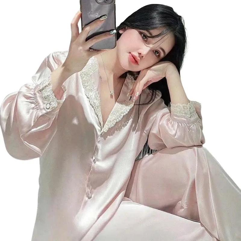 B35 pijama tiểu thư hồng mới- bộ áo Quần Ngủ mặc nhà cao cấp hàng quảng châu cao cấp- bộ ngủ nữ đơn giản tiểu thư Women Áo Ngủ