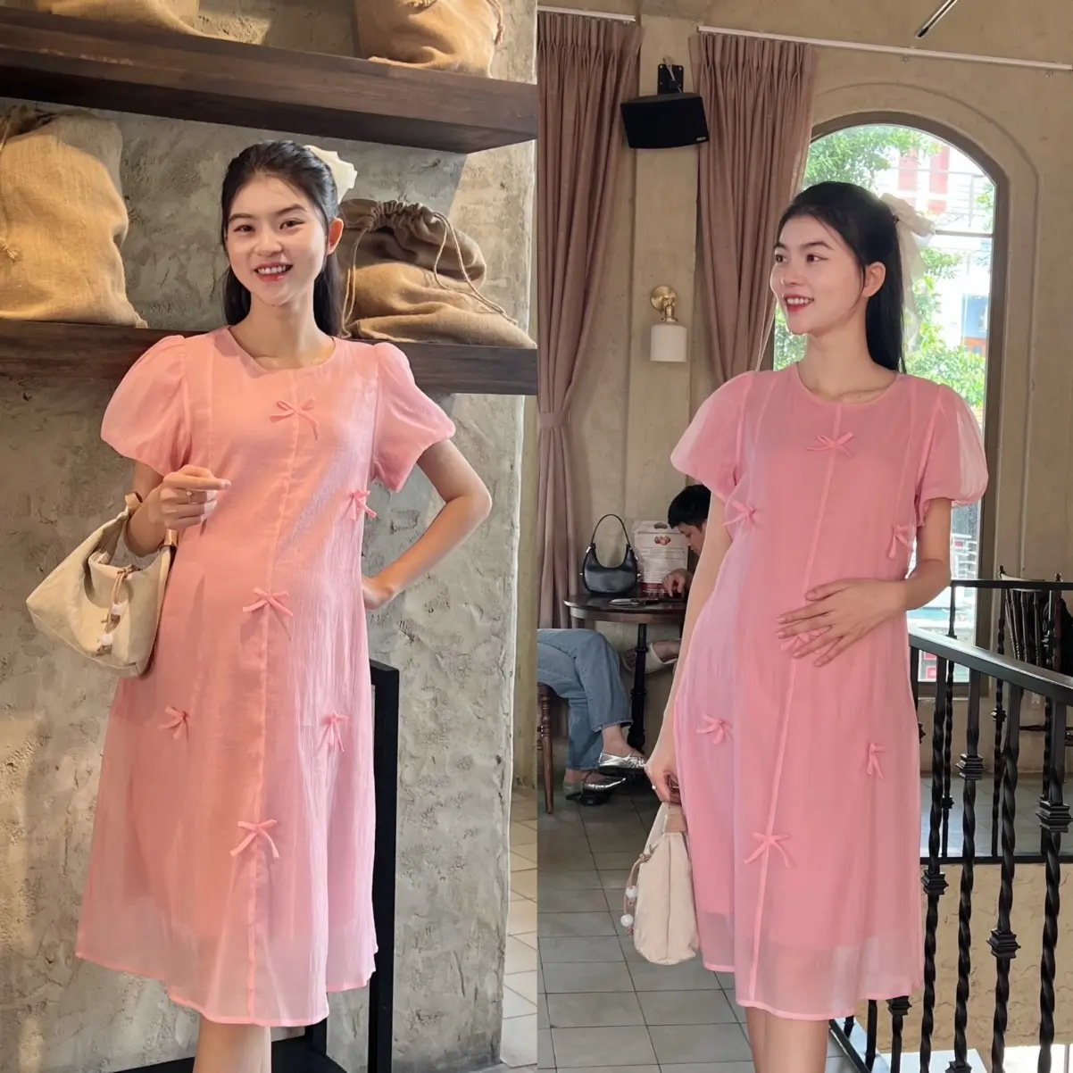 Đầm Bầu Tơ Phom Suông Đính Nơ Nhẹ Nhàng, Dễ Thương, Sang Chảnh Cho Mẹ Bầu