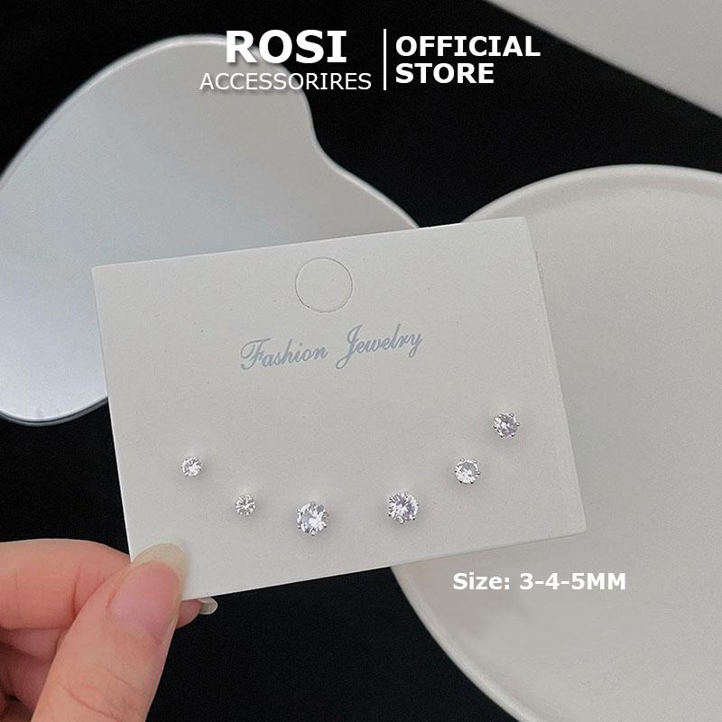 Set 3 cặp khuyên nụ nữ đính đá, bông tai màu bạc 925 thời trang hàn quốc