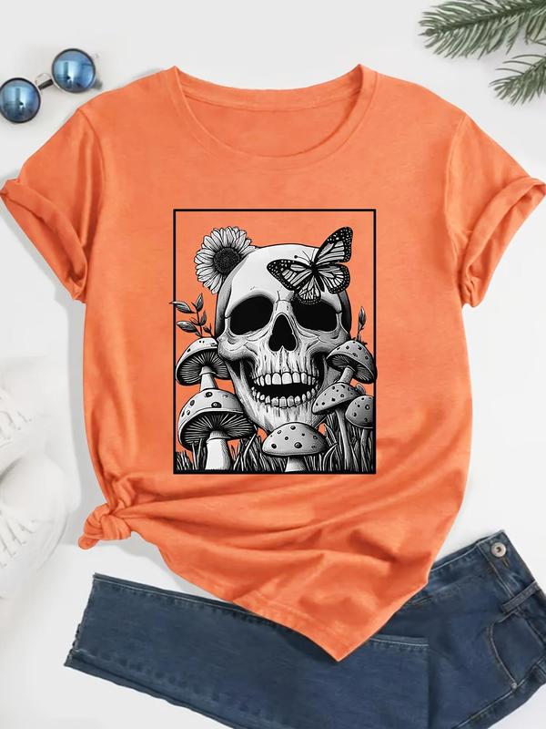 【Plus Size】butterfly & Skull & Sunflower & Mushroom Print Round Neck Tee, Loser Core Outfits Casual Drop Shoulder Half Sleeve T-shirt for Summer, Graphic Tees, Halloween Women's Plus Clothing for Daily Wear, Tops 4