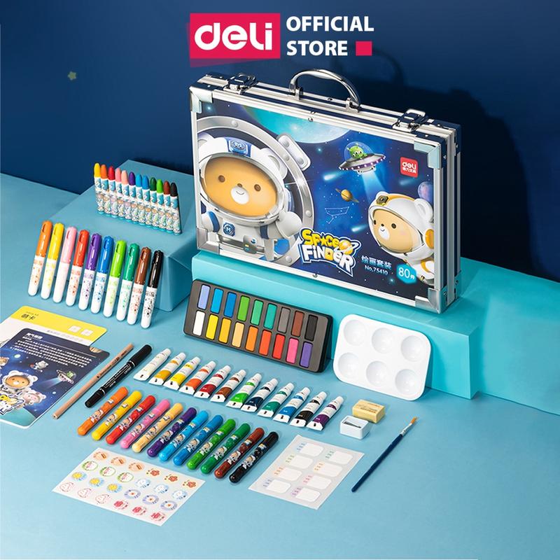 Hộp vali màu Deli 80 chi tiết cho bé tập tô - An toàn, đa năng, nhiều loại màu: màu sáp, màu chì, màu nước, màu dạ... Kèm vở vẽ, bút chì, cọ vẽ
