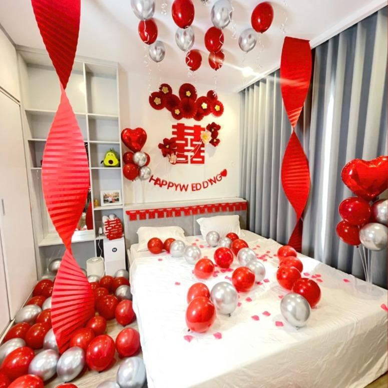 Combo Set Bóng Bay Trang Trí Phòng Cưới, Set Chữ Hỷ Dạ Decor Phòng Tân Hôn Tông Màu Đỏ Đẹp Lãng Mạn