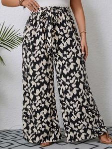 Pantalones de pierna ancha con cinturón y estampado completo de talla grande, Pantalones boho casuales para mujer, Ropa de verano para mujer,pantalón mujeres