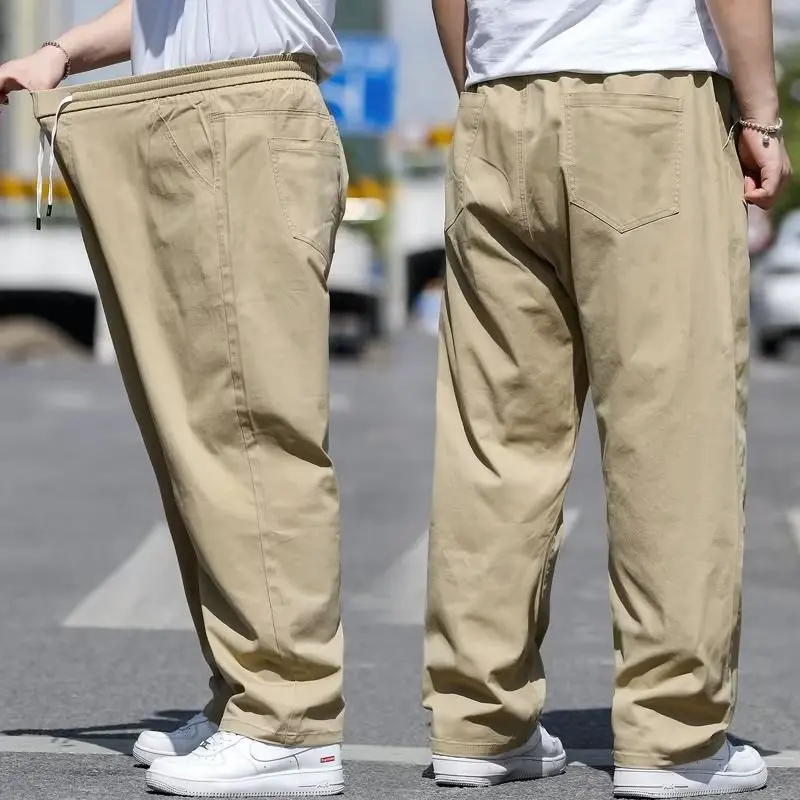 Solid Elasticated Waist Drawstring Slacks Men'S Loose Straight-Leg Trousers