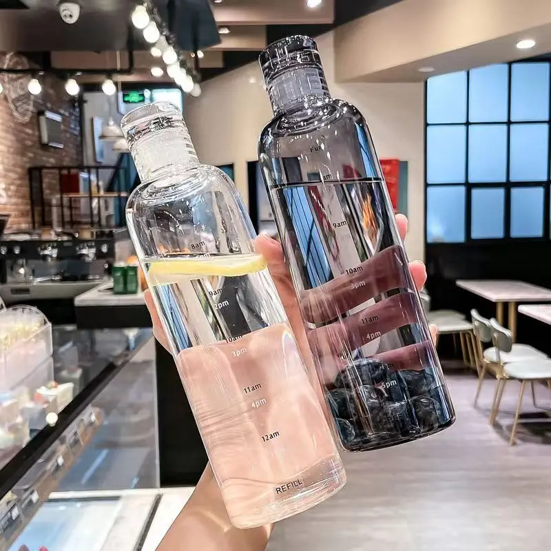 Tumbler Botol minum anti bocor / botol transparan / Tumbler olahraga / botol portable dengan panduan jam Air tupperware cute Cangkir Minuman Plastik Bottles Kitchenware Silicon Water 8