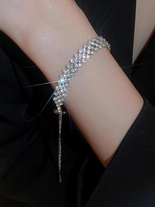 Rhombus Rhinestone Decor Tennis Link Bracelet, Fashionable Elastic Bracelet For Women For Party, Daily Clothing Decor For Girl 0