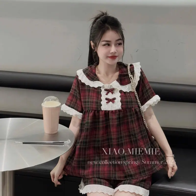 Bộ Đùi Phối Ren Kẻ Dáng Babydoll Quần Đùi Áo Cộc Tay Xinh Sét Pizama Ngủ Cổ Bèo 1