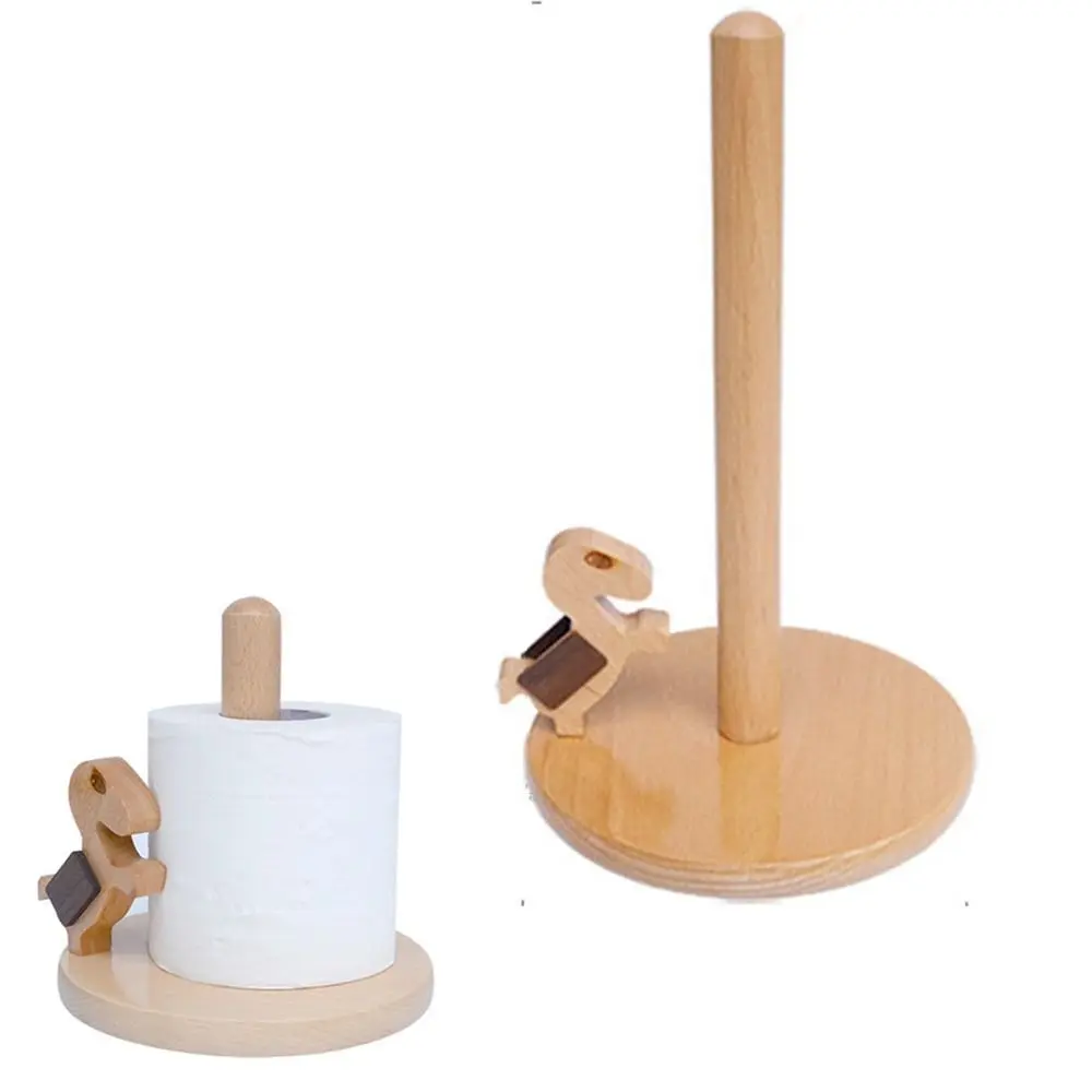 Decorative Solid Wood Cartoon Paper Towel Rack Vertical Durable Creative Kitchen Tissue Holder Waterproof Rotate Wooden Paper Roll Stand Living Rooms