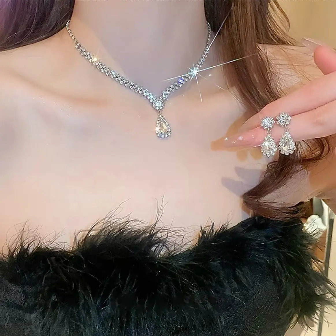 Set dây chuyền+hoa tai,đính đá sang trọng thiết kế đơn giản phong cách Hàn Quốc