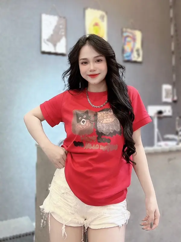 A028 - Áo Thun Nữ Cotton Thái Co Giãn Tôn Dáng, Mịn Mát, Thấm Hút Mồ Hôi, Phối Hình Nổi Dog & Cat Top Women 3