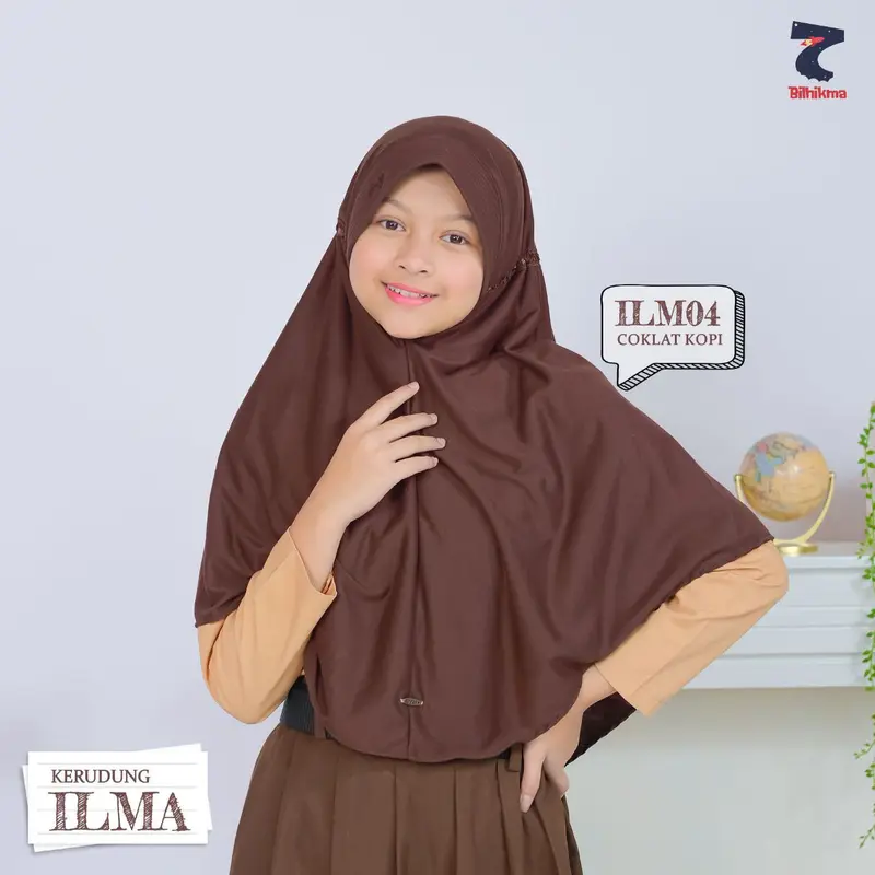 ILMA - Kerudung Sekolah Instan Siap Pakai Model Pita dengan Kerut di Dagu Warna Putih dan Coklat Pramuka Untuk SD SMP Muslim Jilbab 3