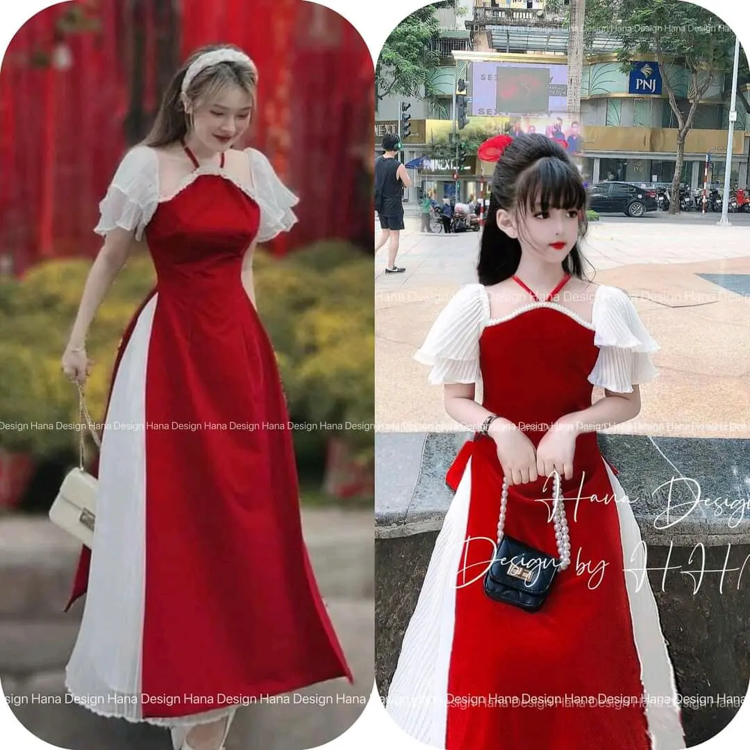sét áo dài cách tân xếp ly mẹ và bé gái hàng thiết kế cao cấp Women Top( vải mát ko nhăn)