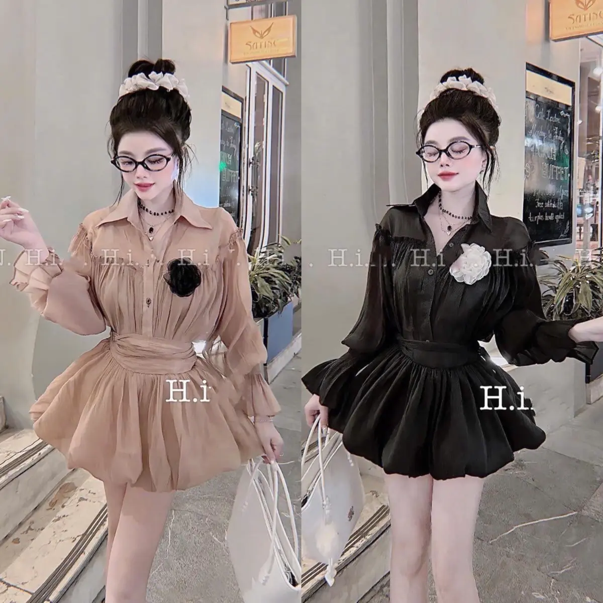 Set Bộ Áo Sơ Mi Tơ Giấy Tay Dài Bí Phồng Kèm Bông + Chân Váy Bí Phồng Xoè Có Lót Quần. Hàng TKCC đầm  trắng vaytet đầm  body váy  trễ set  botieuthu set thường Women Nữ set  đồ đồ  bộ set  đầm