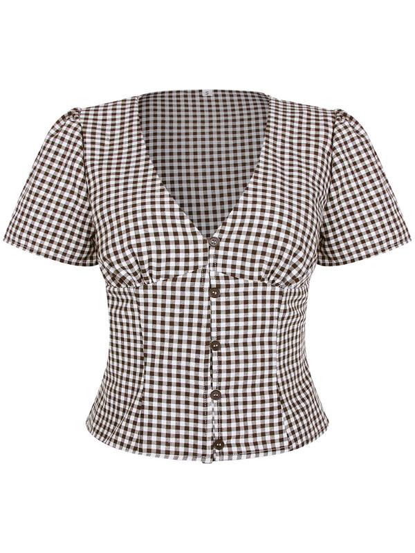Women's Plaid Print V Neck Blouse, Casual Short Sleeve Top for Summer, Ladies Clothes for Daily Wear 8