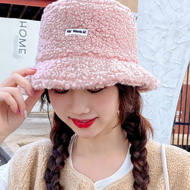 Product Introduction of Lamb Wool Bucket Hat Winter Warm Hats For Women Lady Thicken Flat Top Cap Panama Outdoor Fisherman Hat Caps Letter Embroidered Hat Fisherman Cap 56-58 cm 28