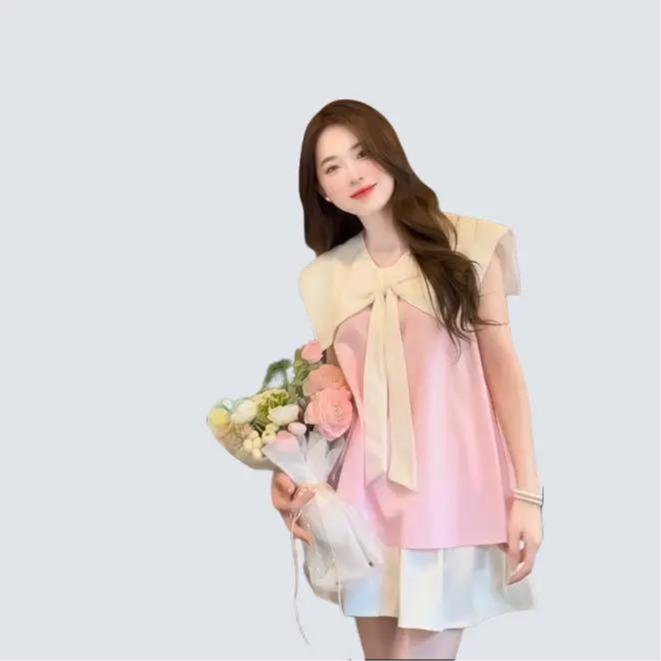 Babydoll Set áo chất lụa Hàn pha cổ trắng bản to kèm chân váy trắng tiểu thư Hàn Quốc cho nàng diện Hè chill phố Nữ Kem Top Women set  botieuthu