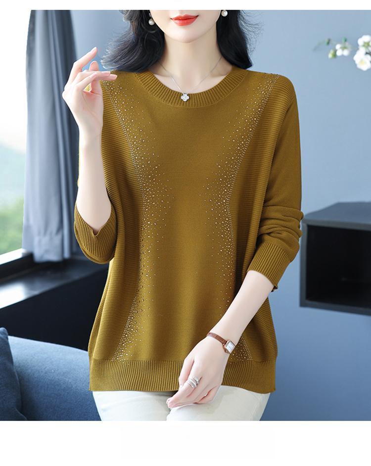 Product Introduction of Knatwear women's round neck rhinestone sweater new fashion mom loose Western style knits long sleeve thin top crop 13
