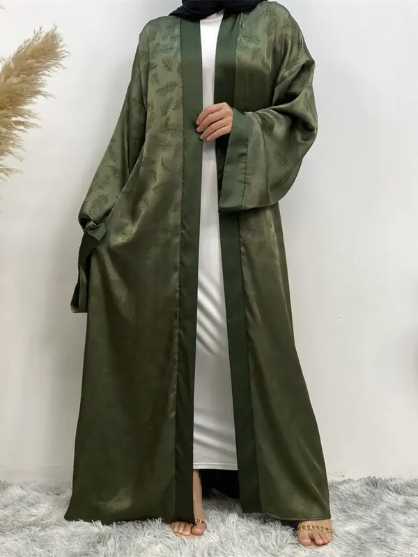 Women's Leaf Pattern Belted Satin Abaya, Modest Casual Long Sleeve Open Front Abaya for Daily Wear, Women's Islamic Clothing for Spring & Fall 3