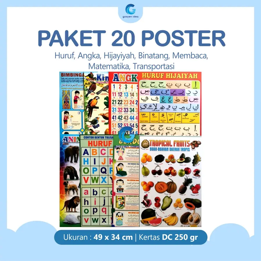 Paket 20 Pcs Poster Anak Belajar Huruf, Angka, Hijayiyah, Binatang, Membaca, Matematika, Transportas Karton Sekolah Stationery