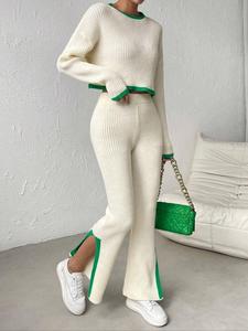 Two-Piece Set Women's Contrast Binding Drop Shoulder Sweater & Split Hem Pants, Casual Long Sleeve Round Neck Jumper & High Waist Trousers for Daily Outdoor Wear, Women's Knitwear for Fall & Winter