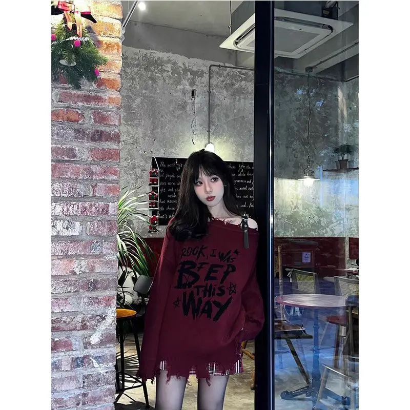 Áo Len Dệt Kim, Phong Cách Hàn Quốc, Dành Cho Nữ, Dáng Rộng Vừa Vặn, Dễ Phối Đồ, Duyên Dáng, Chống Lão Hóa, Thiết Kế Xẻ Tà, Màu Đỏ Nhẹ Nhàng Ngọt Ngào, Mùa Thu Và Mùa Đông, Hàng Mới Về 6