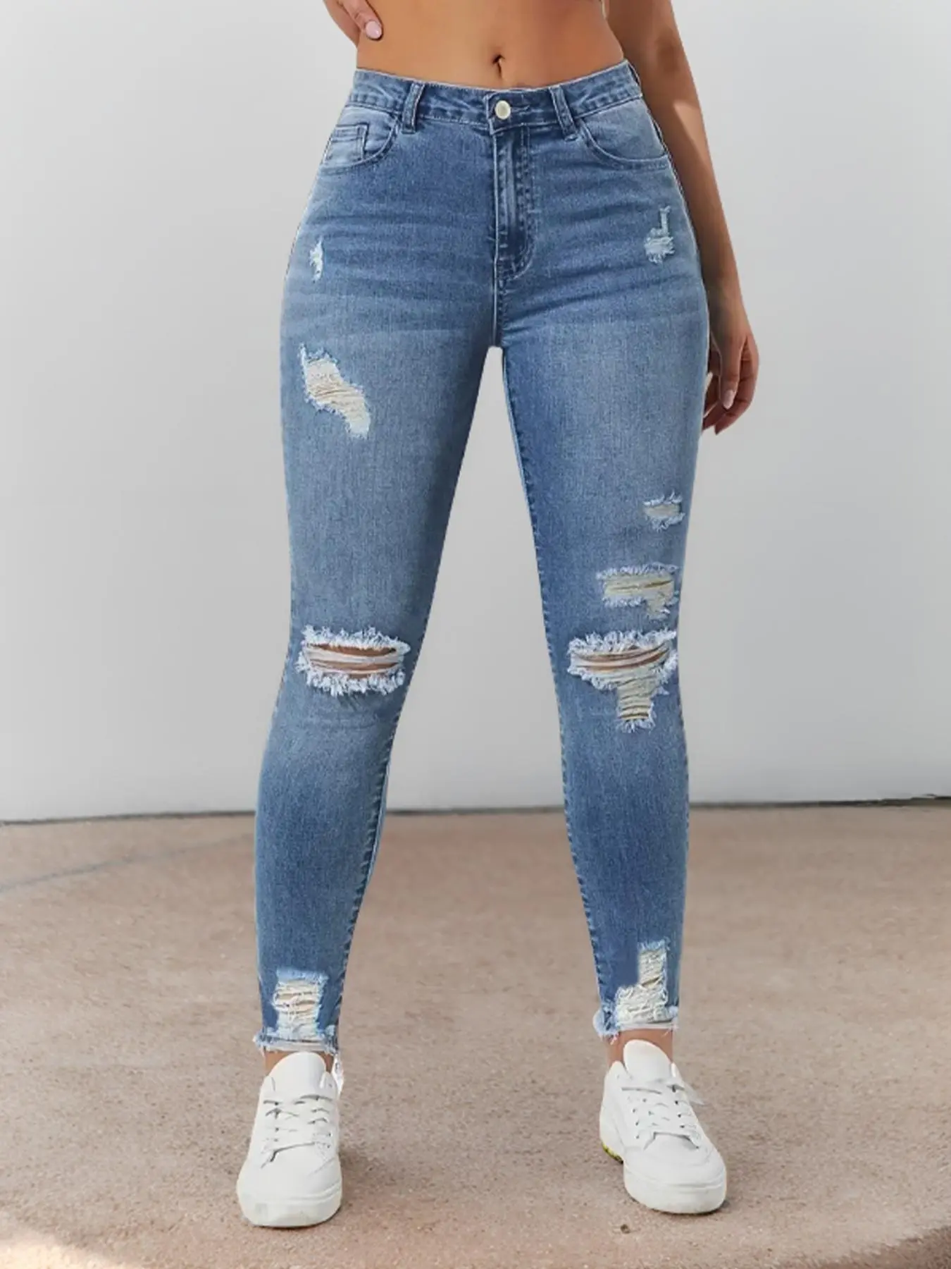 Women's Plain Ripped Skinny Jeans, Fashion Casual Denim Pants for Daily Outdoor Wear, Ladies Bottoms for Spring & Fall