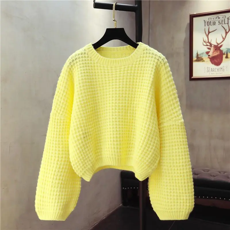 Sweater rajutan pendek, warna pastel manis, kerawang dalam malas, longgar, koleksi musim luruh dan musim sejuk baharu Knitwear Retro