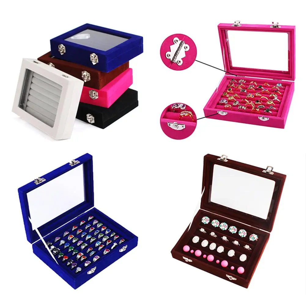 New Velvet Glass Jewelry Box Ring Earring Display Organizer Holder Storage Show Case #228717