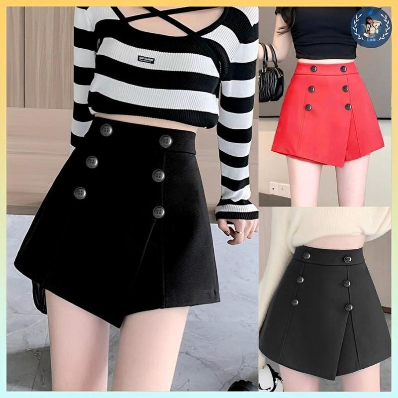 [Q003-11] Quần đùi giả váy nữ 2 HÀNG NÚT VẠT XẺ phối lưng thun co giãn chất tuyết mưa sang trọng - L2M 【 hoa hồng   ( Top Nhung Women )