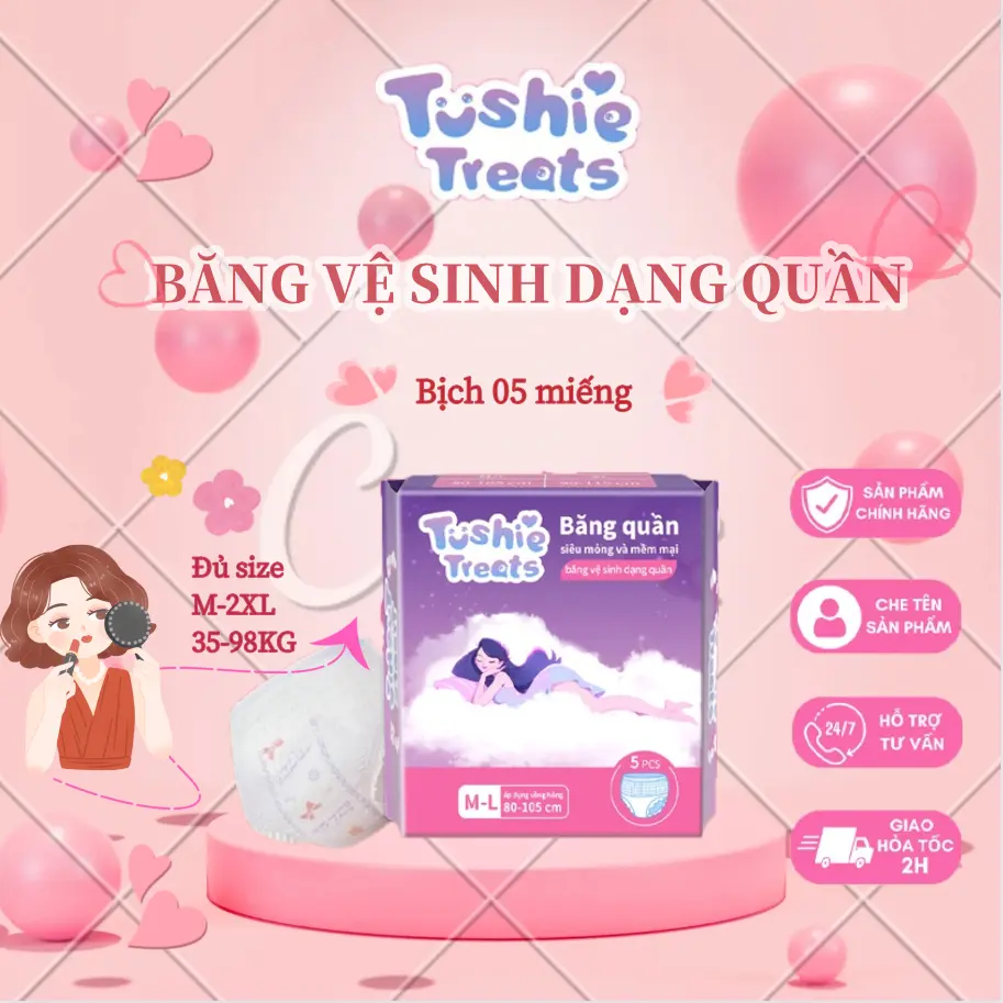 [CHE TÊN SP] Băng vệ sinh dạng quần Tushie Treats, Quần bvs êm mềm, không cộm, không lộ viền, túi 5 quần (size M/L, XL-2XL)
