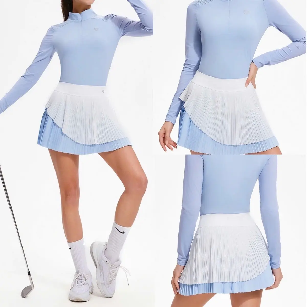 ￼Áo Tay Dài Kéo Khoá Phối Chân Váy Xoè Tập Gym,Pickleball,Tennis,Golf Chất Thun Lạnh Hàng QCCC
